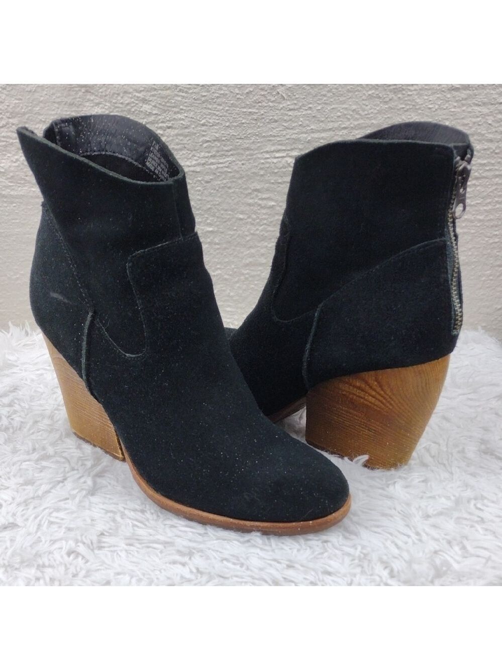 Kork-Ease Black Suede Upper Almond Toe Zipper Back Stacked High Heel Ankle Boot